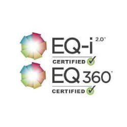 EQ-i 2.0 and EQ 360 Certified badges showing advanced credentials in emotional intelligence assessments and feedback-based leadership development.